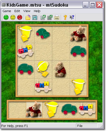 4x4 Sudoku for kids with toys in a sandbox